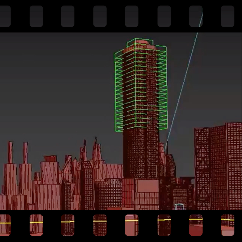 Città animata con fuochi d'artificio creata con 3DS Max, V-Ray, Photoshop e After Effects