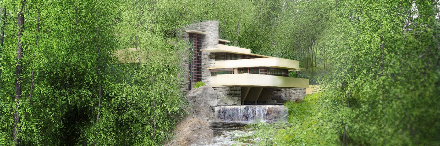 Villa sulla cascata di Wright, rendering con 3ds Max e VRay | LiCausi Studio