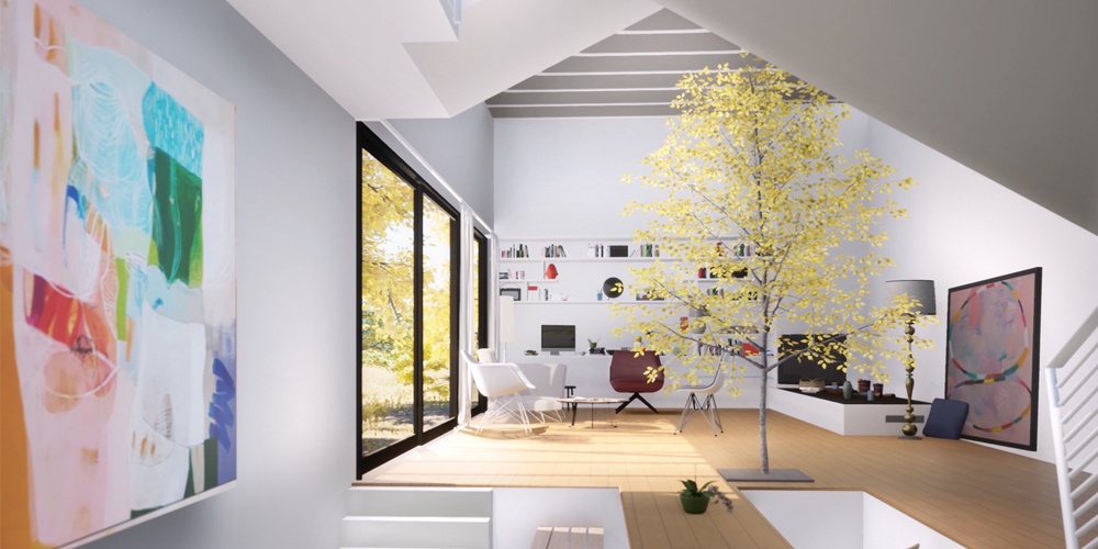 render 3d interno villa design con albero