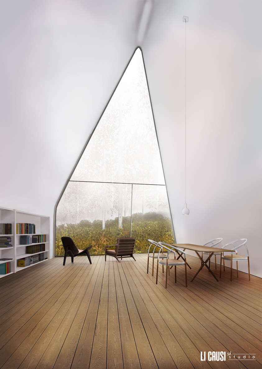 Render 3D interno abitazione living room con effetto nebbia fotografico