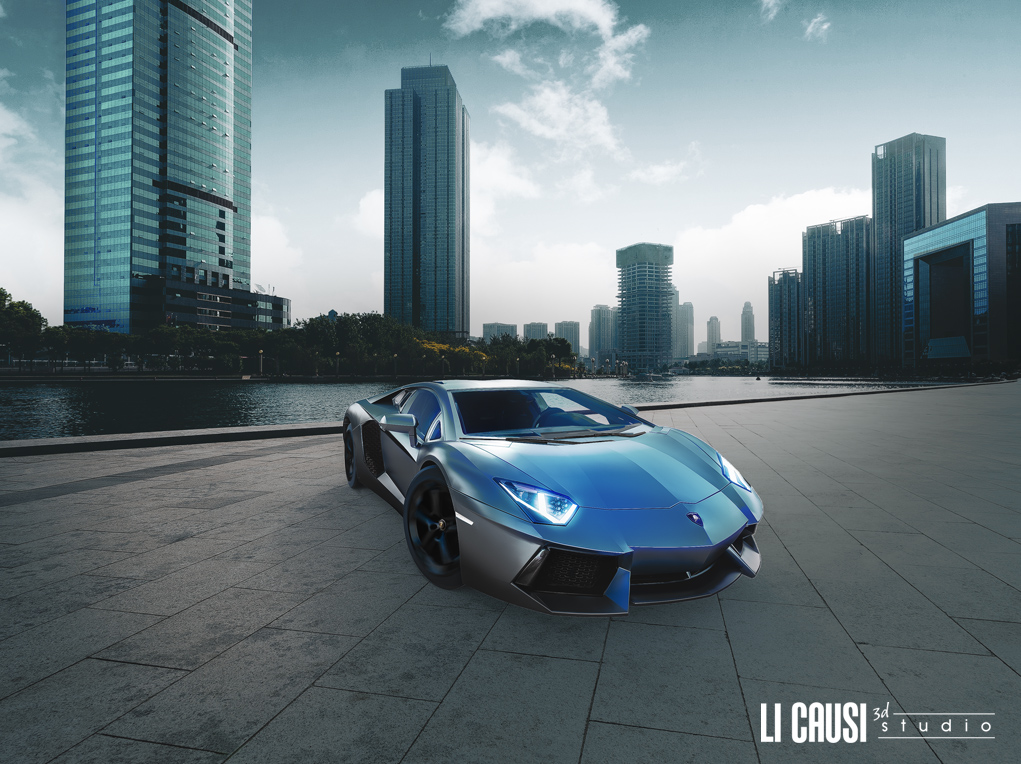 Render 3D lamborghini Aventador in citta moderna