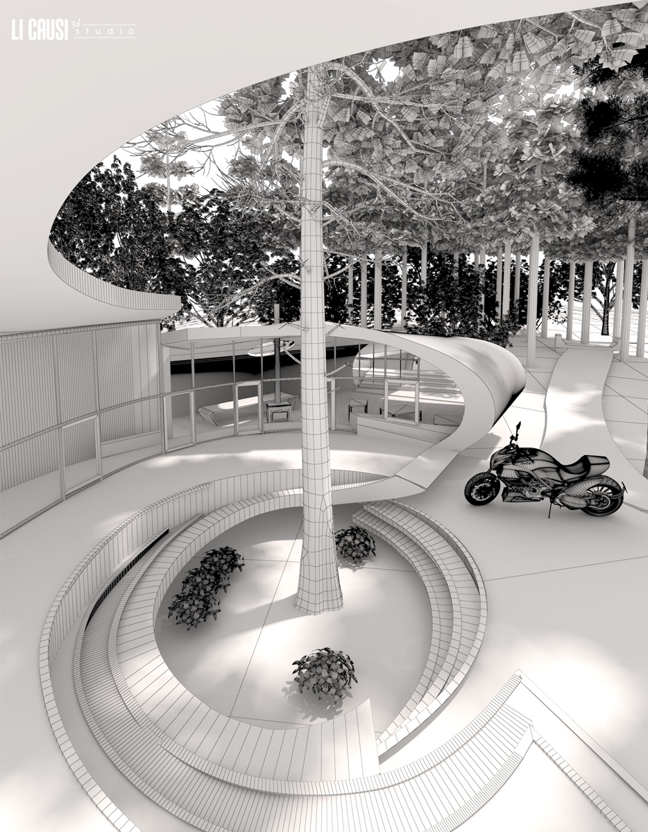 Render wireframe 3D esterno villa con natura e moto