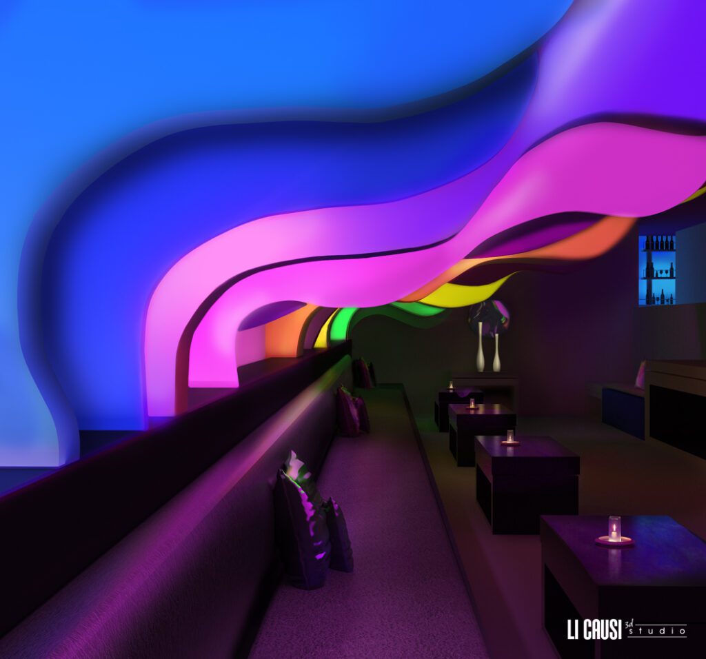Rendering interno bar lounge con effetti di luce colorati e materiali tecnici