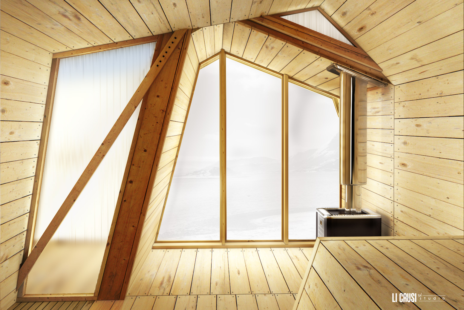 render interno sauna in norvegia con effetti di vapore sul vetro