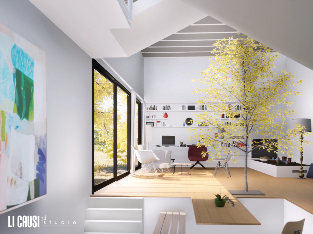 rendering con V ray interno casa ecosostenibile