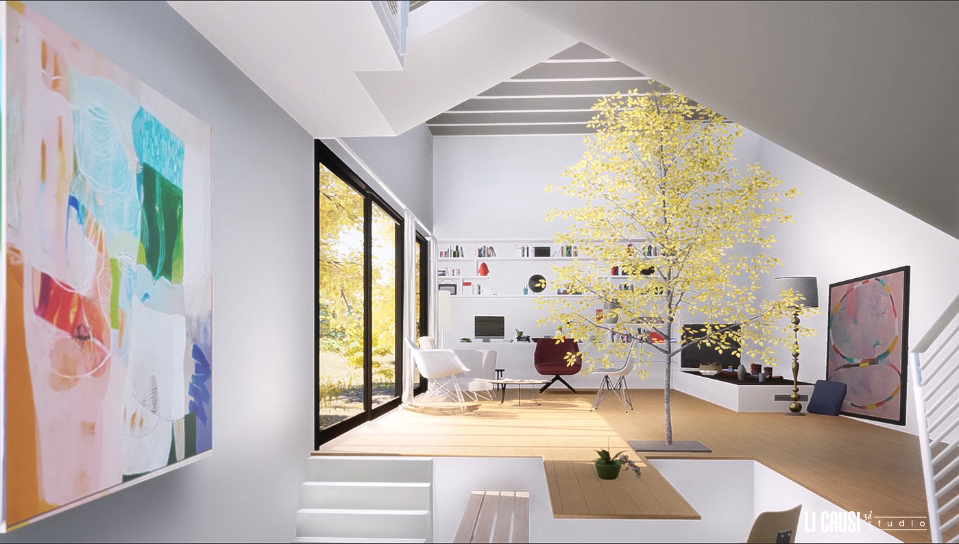 rendering interno casa di design ecosostenibile