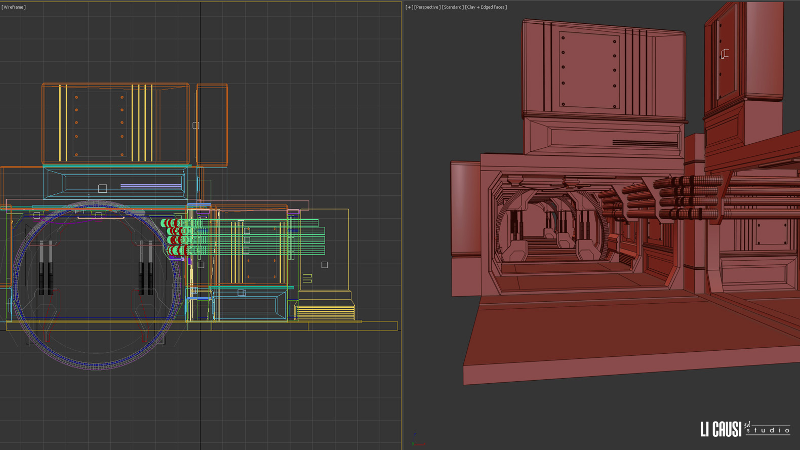 scenografia virtuale sci fi interno corridoio astronave vista di lavoro 3d studio