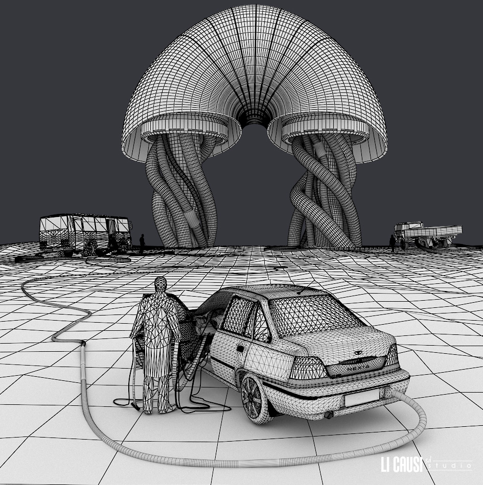 wireframe 3D sci fi automobili con personaggi e tubi collegati ad un macchinario alieno