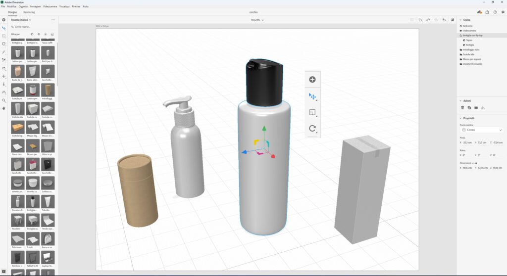 Assi cartesiani di movimento, rotazione e scala in Adobe Dimension