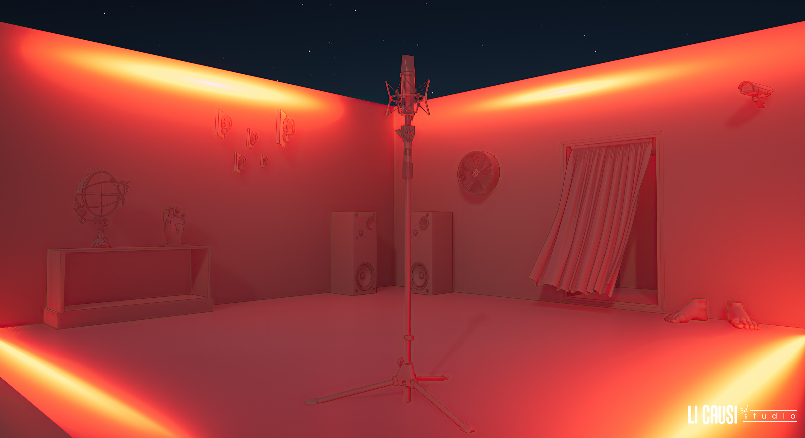 Dettaglio modellazione 3D microfono in stanza con luci neon per motion graphics 3D