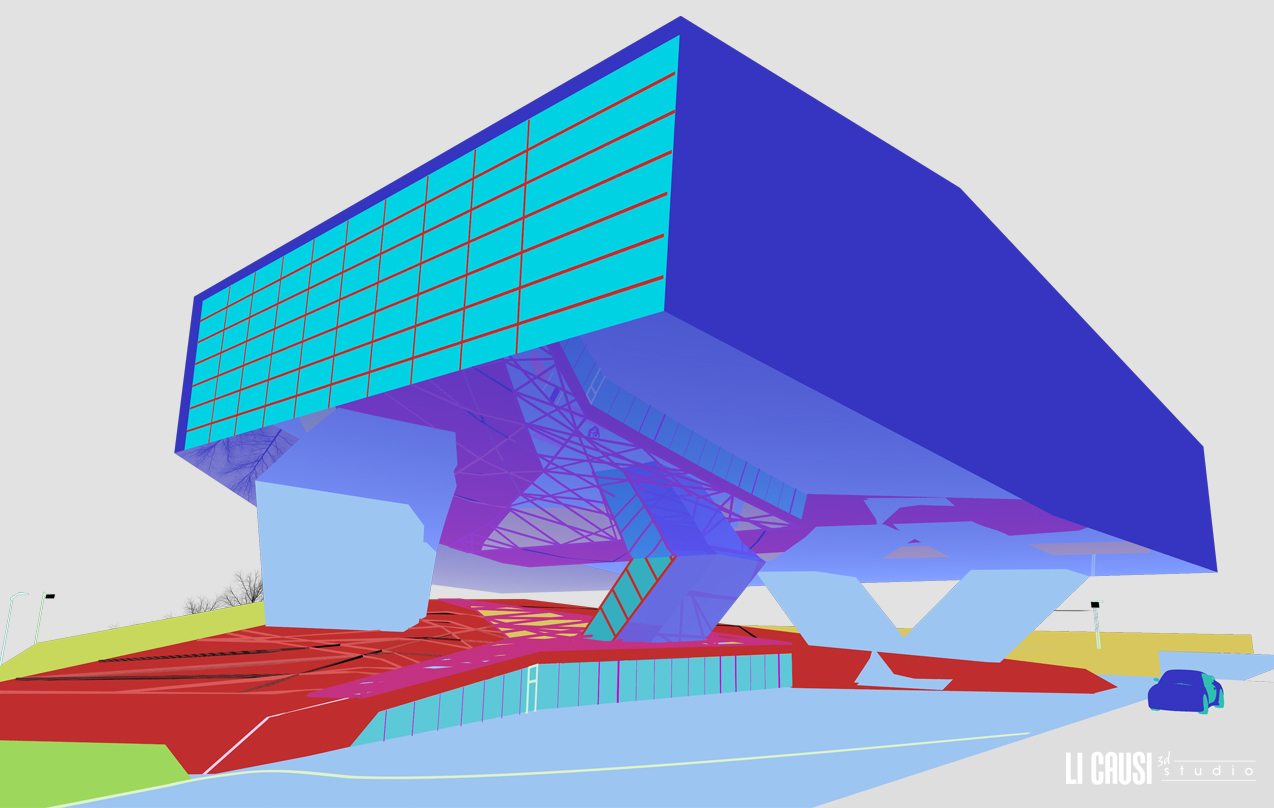 Render wirecolor del museo della Porsche con 3D Studio Max e V Ray