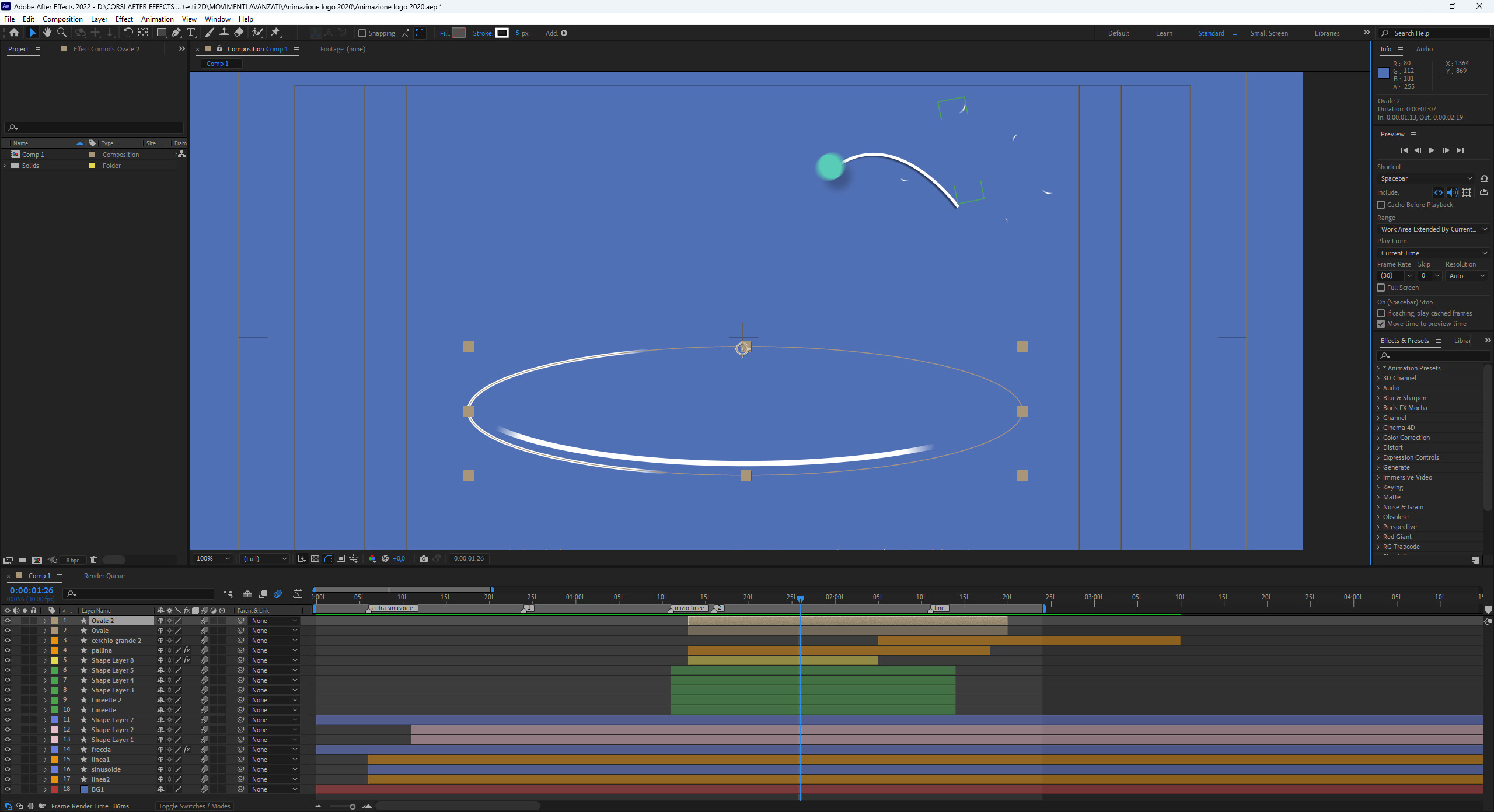 Schermata di lavoro con After Effects motion graphics circolare