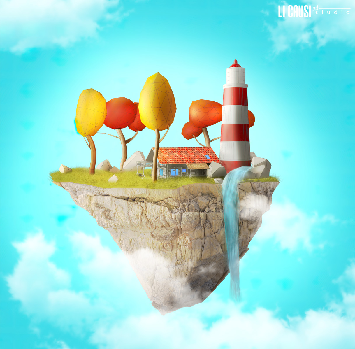 render isola volante in modellazione low poly con 3D Studio