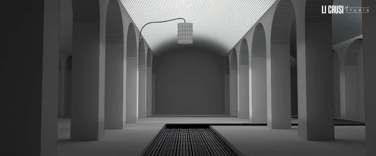 rendering wireframe con 3D Studio Max e V Ray di interno sotterraneo con archi e navate architettoniche