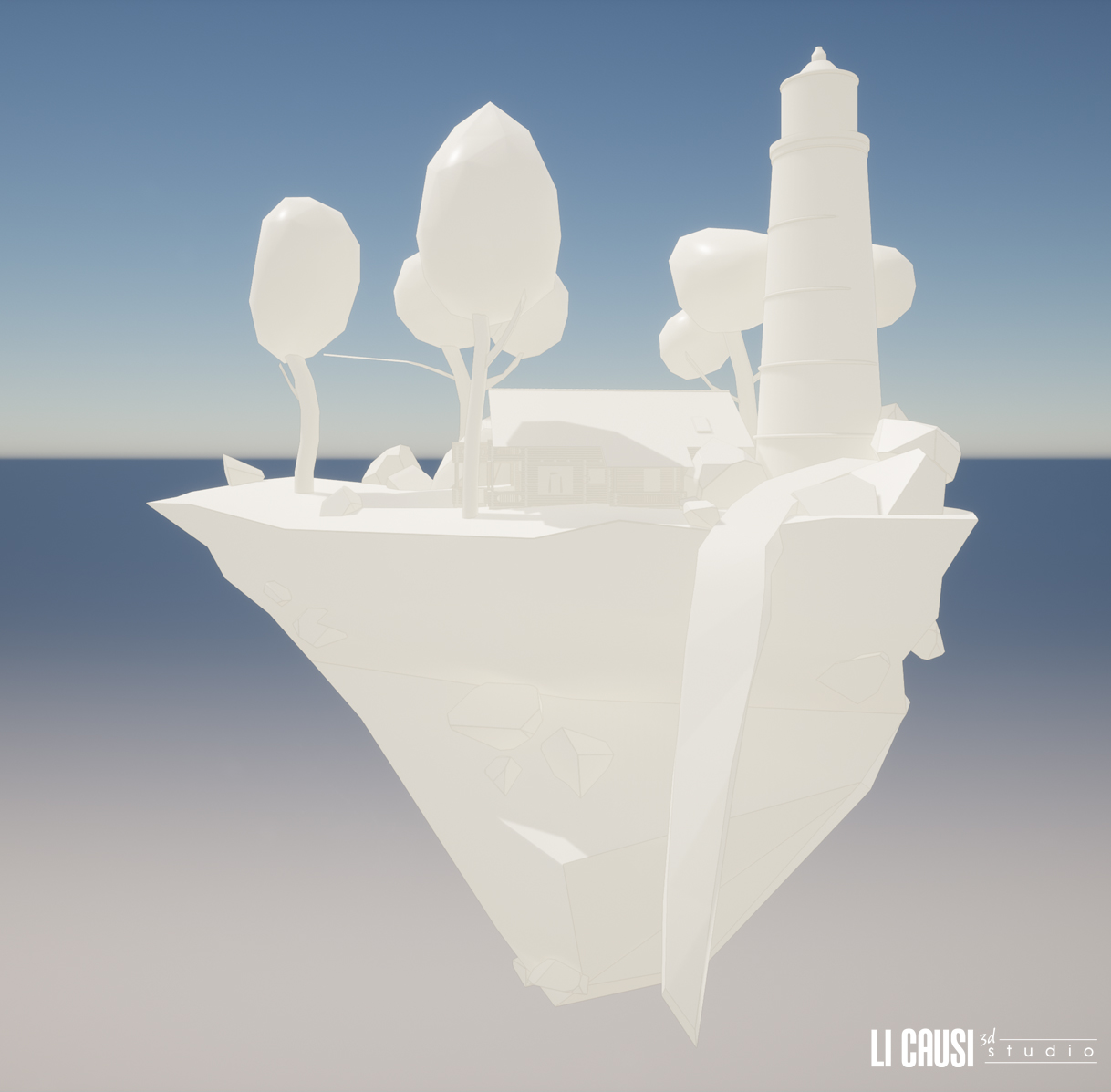rendering wireframe isola volante modellata con 3D Studio
