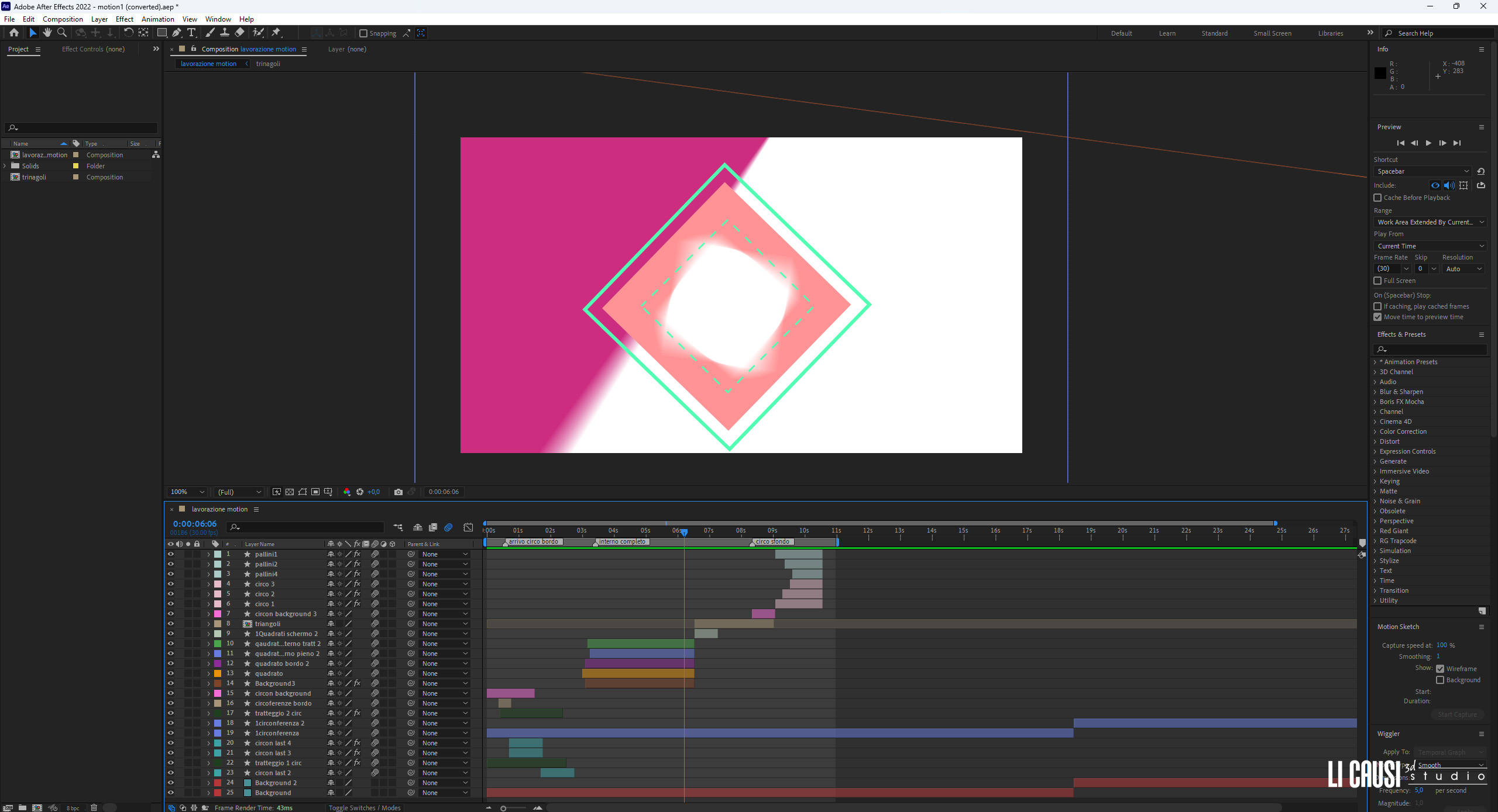 schermata lavoro After Effects con motion graphics