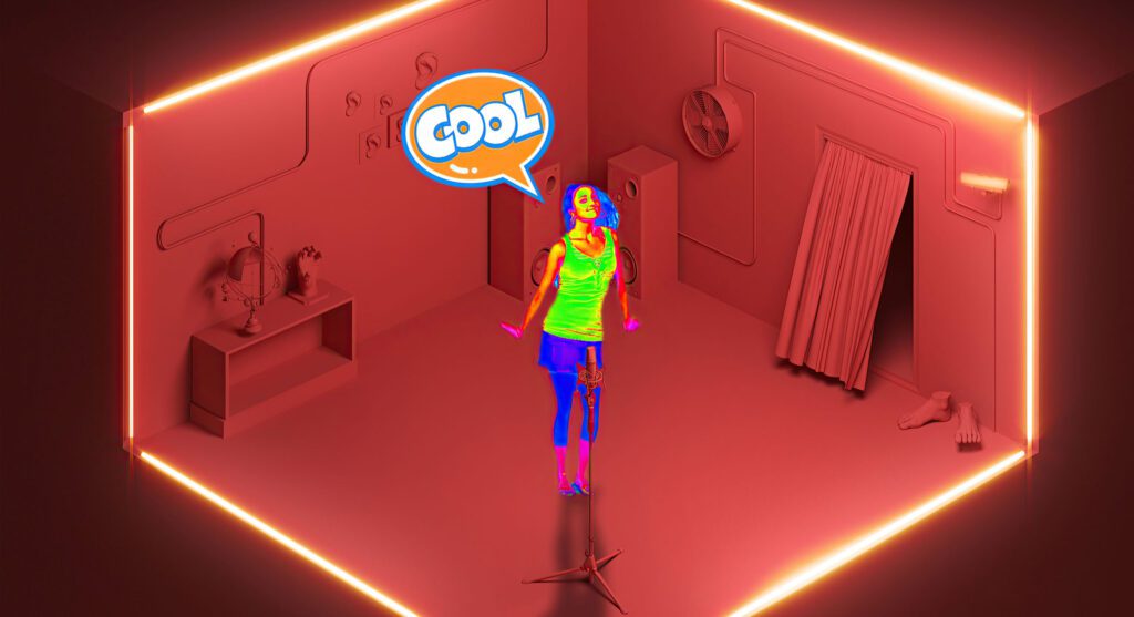 thumb render stanza 3D con illuminazione al neon con personaggio che balla per animazione in motion graphics 2