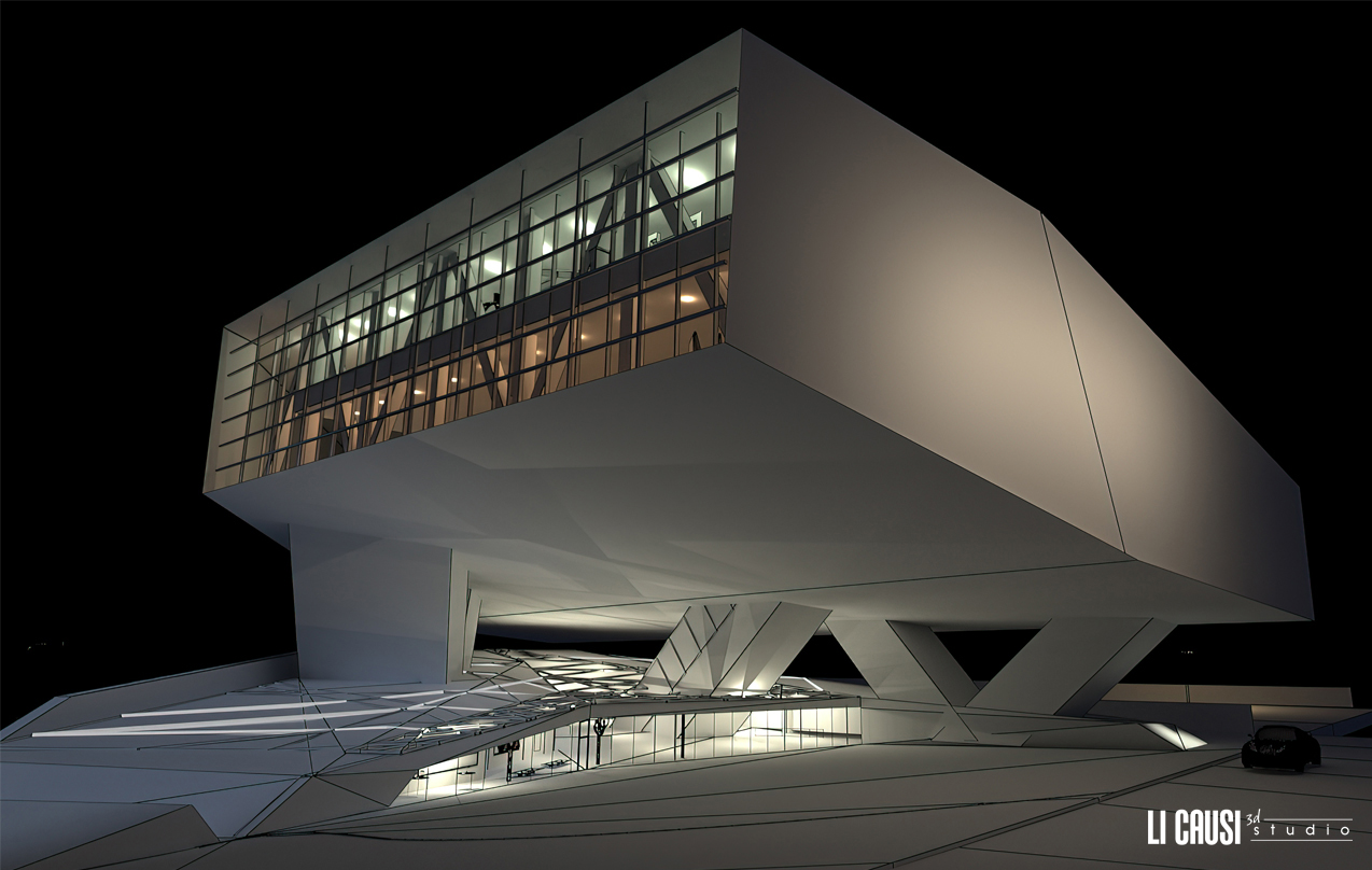 wireframe render esterno museo porsche notte