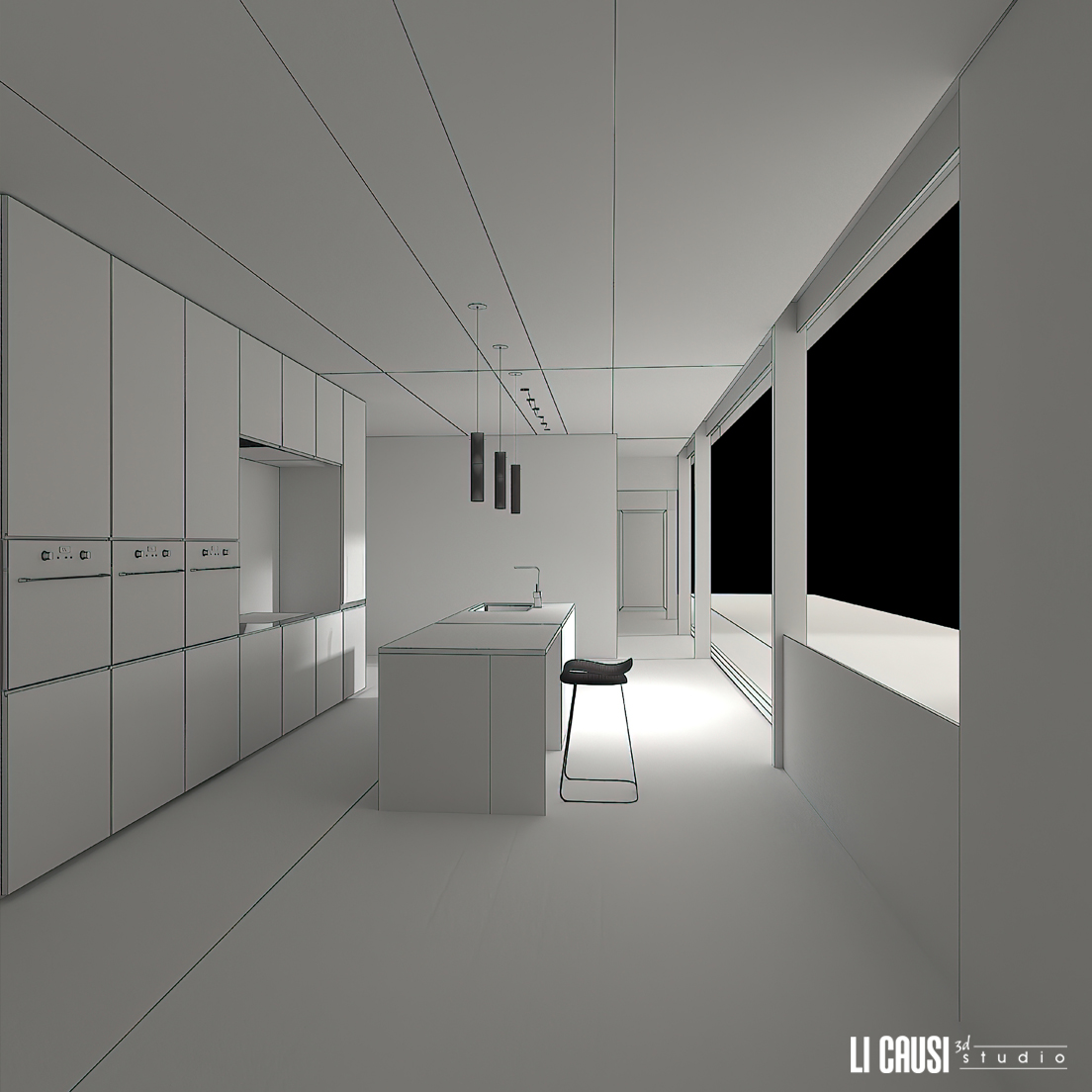 Modellazione 3D con 3D Studio Max e render wireframe con V Ray di interno cucina di design gigapixel lines scale