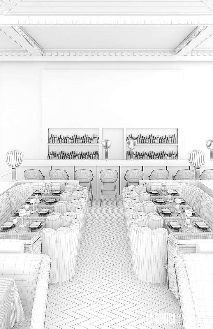 Render wireframe con 3D Studio Max e V Ray del ristorante Sketch Gallery a Londra