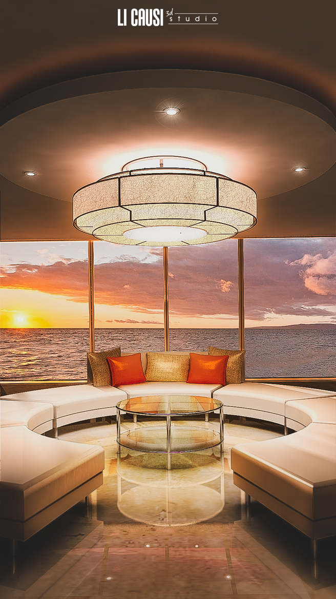 Rendering con V Ray e post produzione interno vista mare con divano e complementi