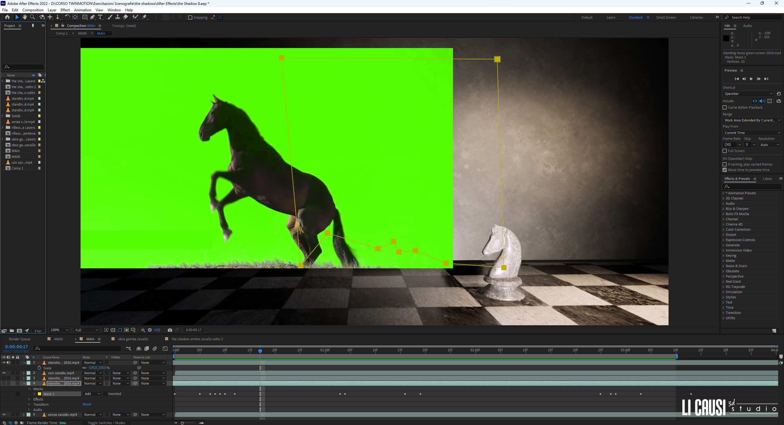 Schermata di lavoro di After Effects con lavorazione Chroma key e green screen Silhouette cavallo animato