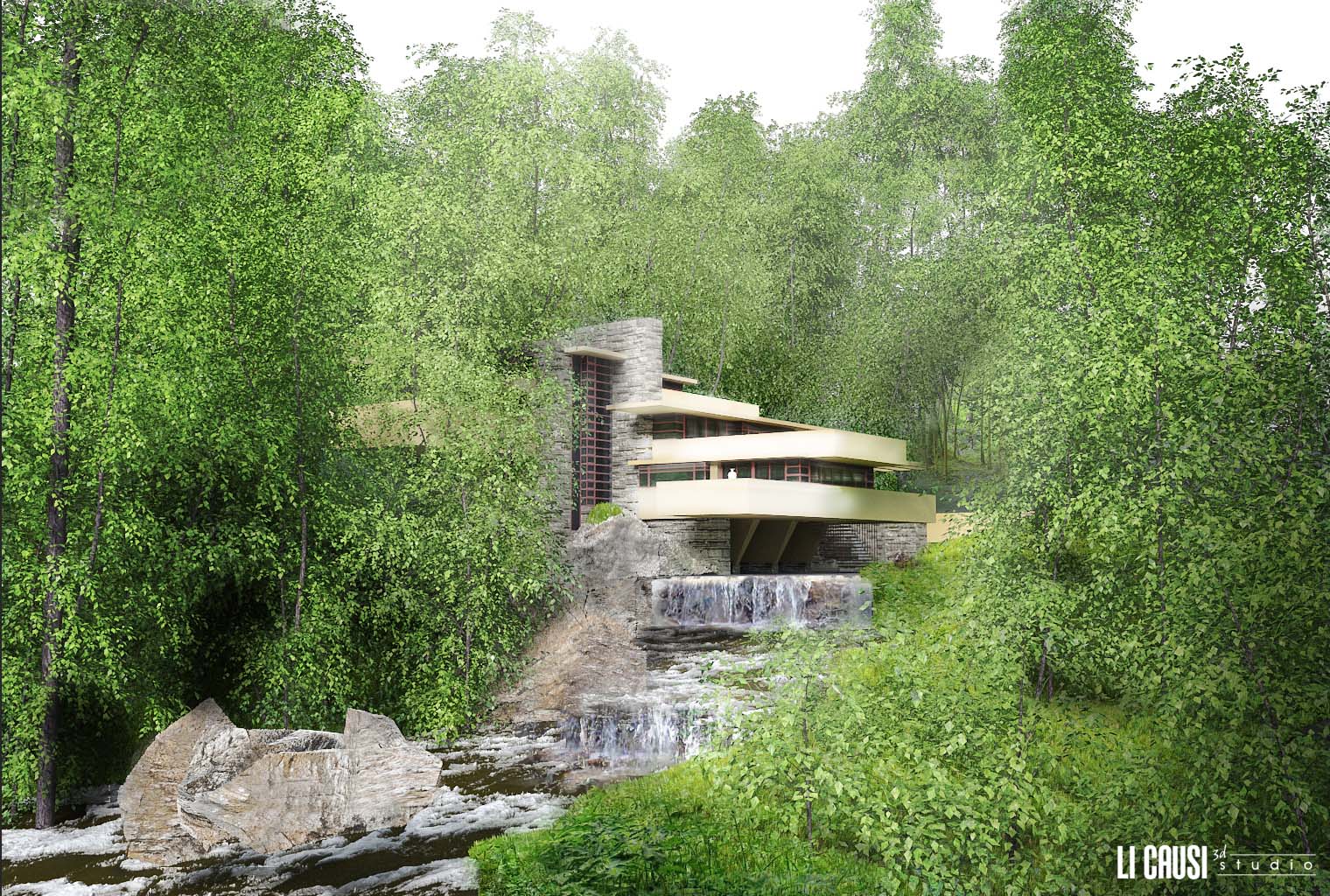 render 3D villa sulla cascata Wright