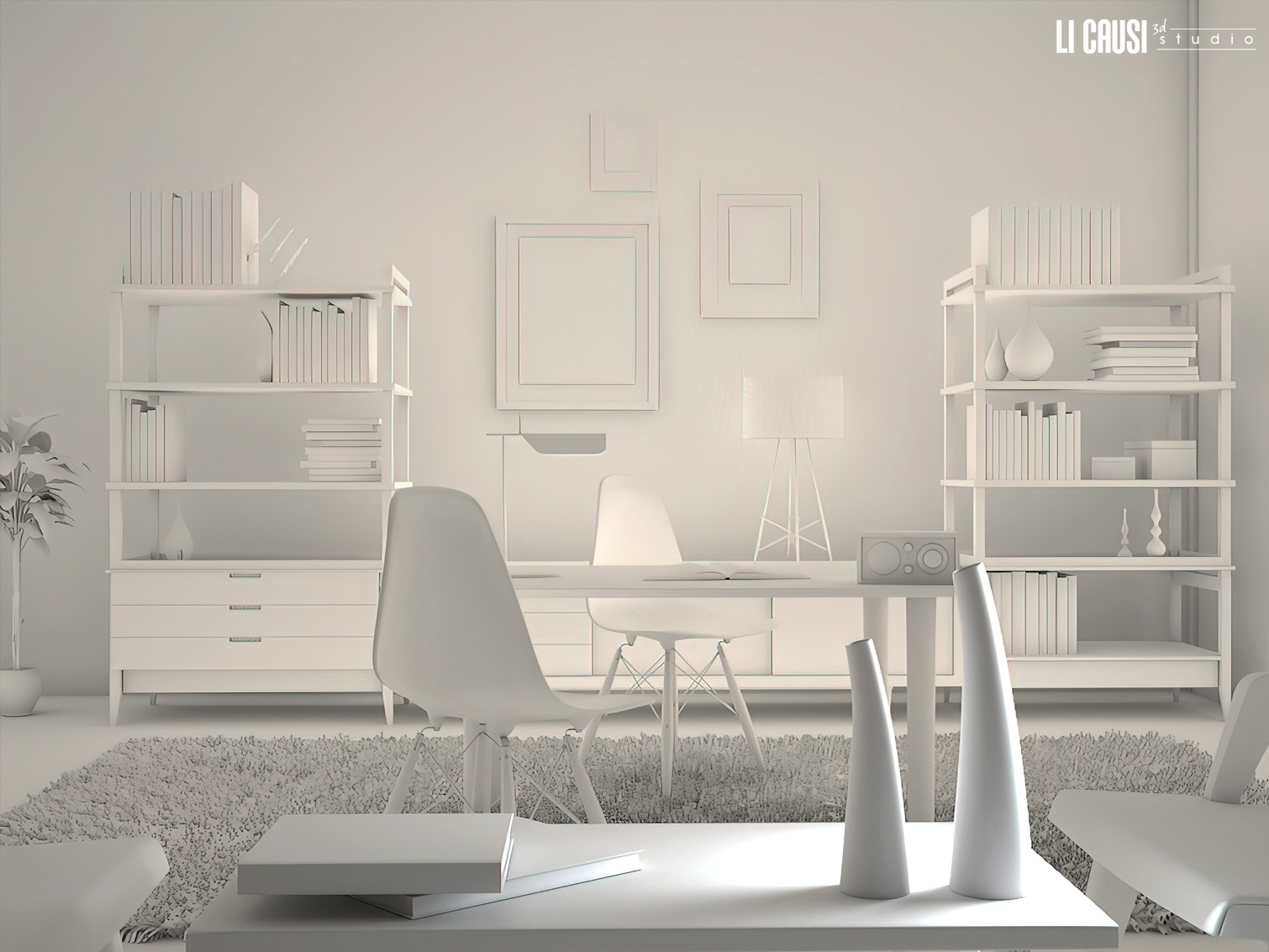 render clay con V Ray di stanza interno con complementi di arredo