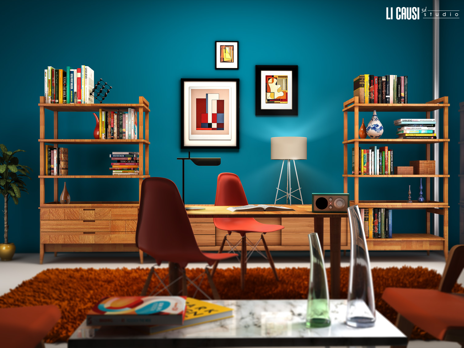 rendering stanza interno realizzato con 3D Studio Max con compelmenti di arredo