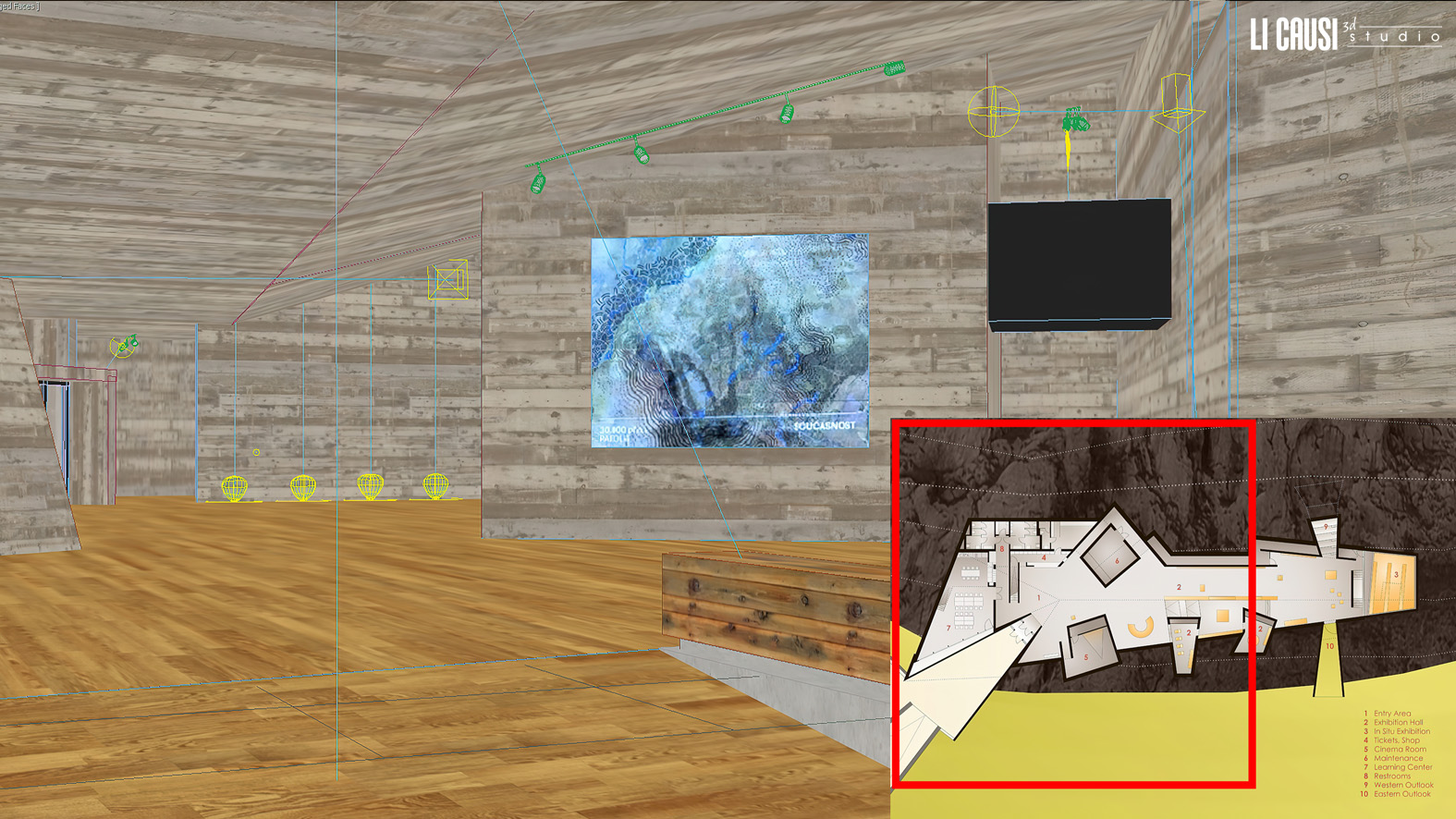 schermata di lavoro del progetto 3D dell interno del parco archeologico di Pavolov realizzato con 3D Studio