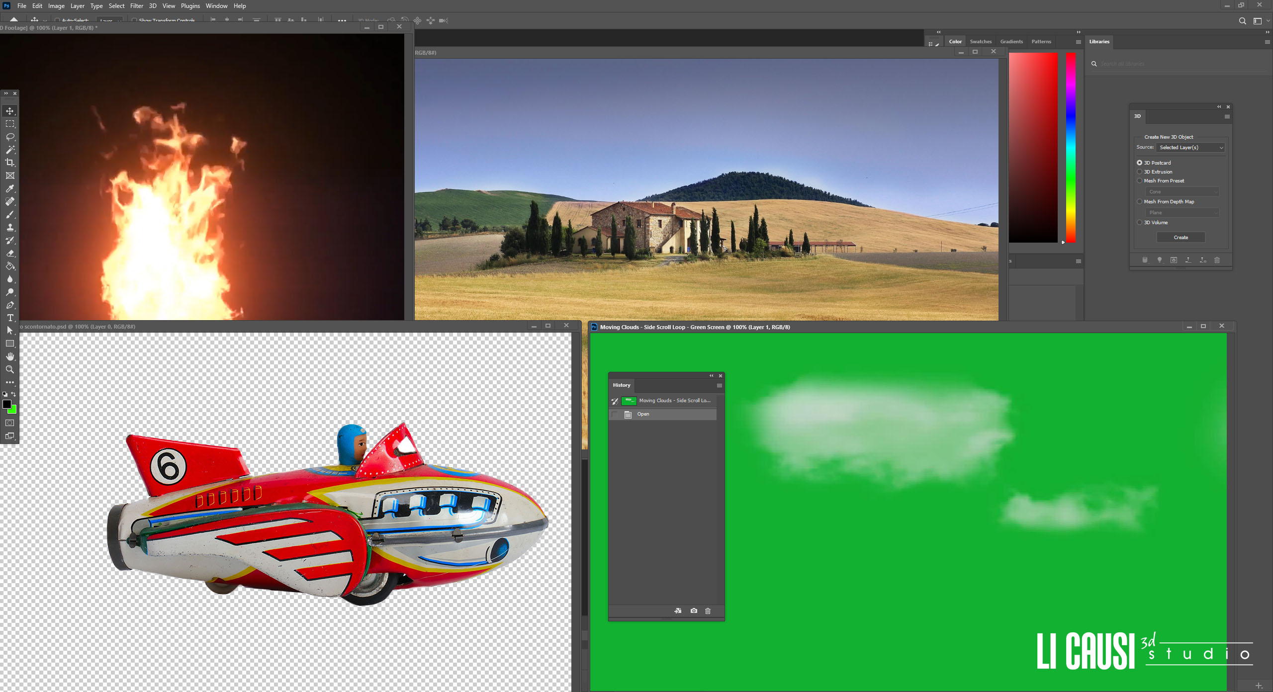 schermata lavorazione in Photoshop razzo e contributi video da animare con After Effects
