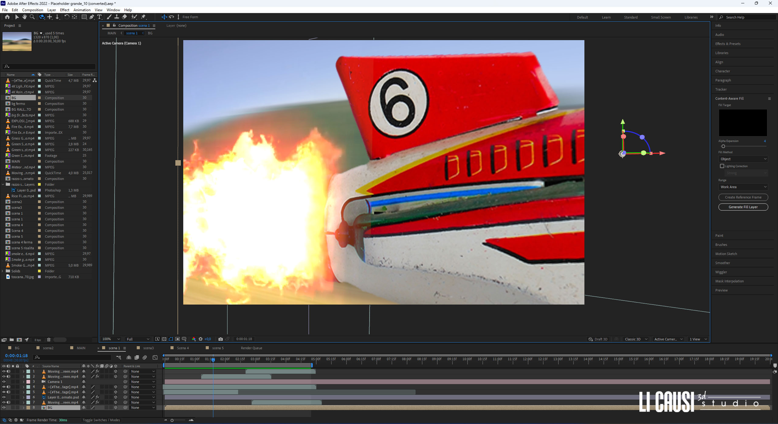 screen schermata di lavoro con After Effects compositing di effetti particellari del fuoco