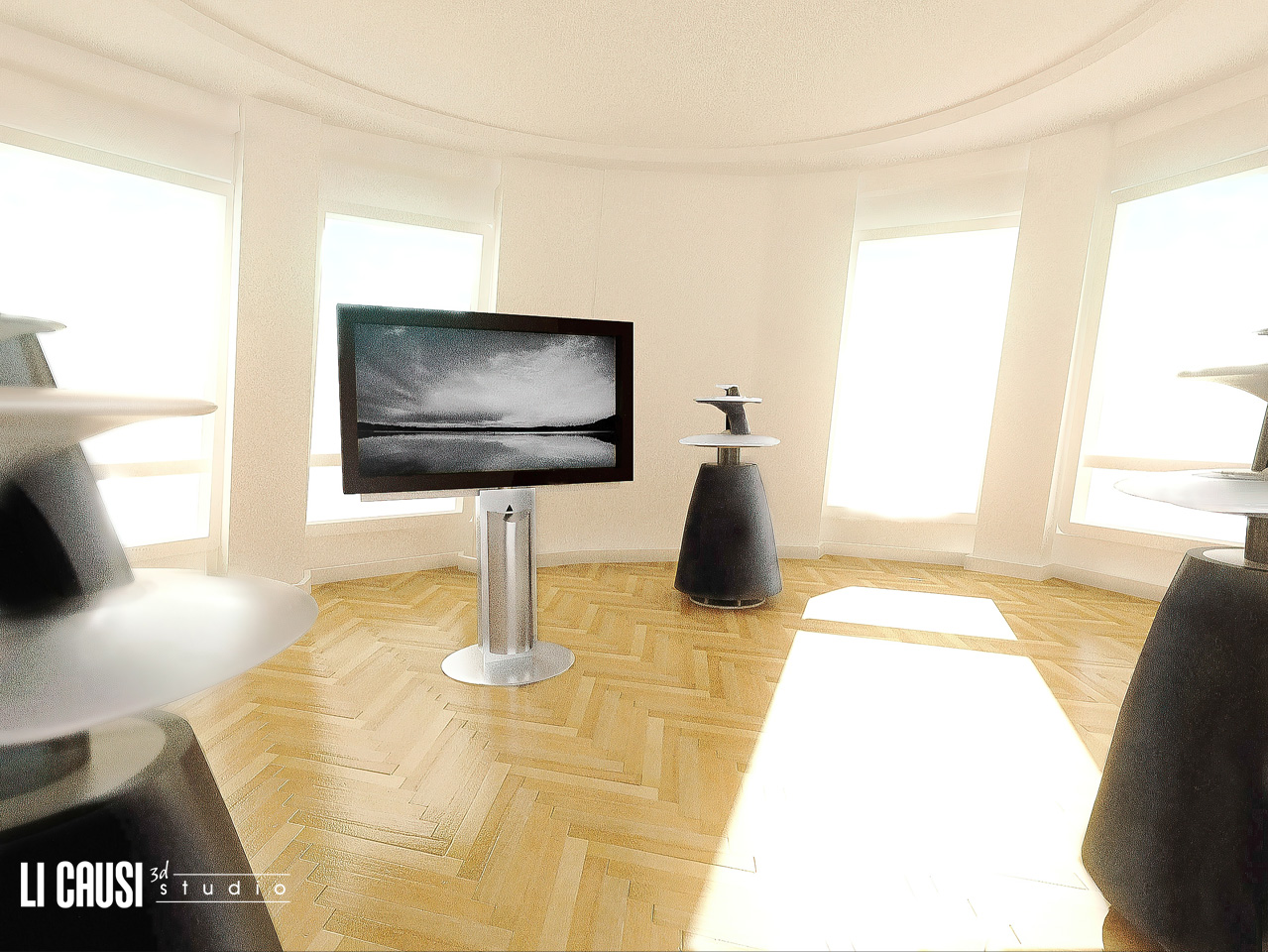 Rendering con 3D Studio Max e V Ray casse Bang Olufsen con modellazione stanza con parquet