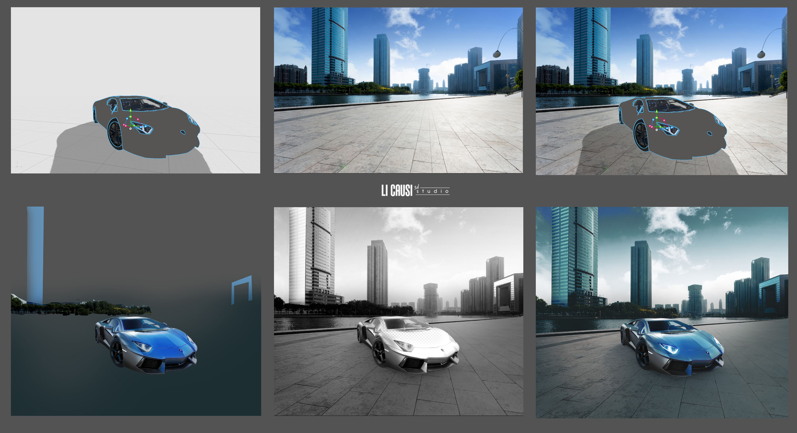 schermata lavorazione in Photoshop rendering advertising automotive 3D Lamborghini e citta