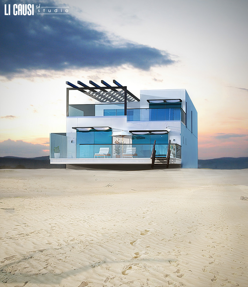 Renderng villa sulla spiaggia al tramonto con terrazzi con vele e materiali tecnici