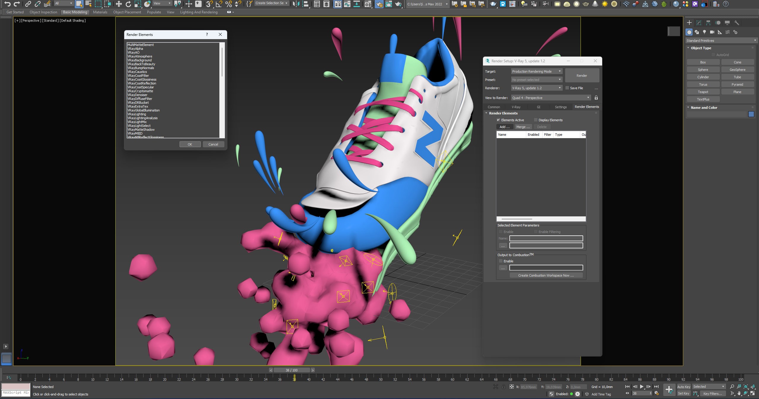 Pannello render elements di V Ray per rendering pubblicitario con scarpa 3D 1